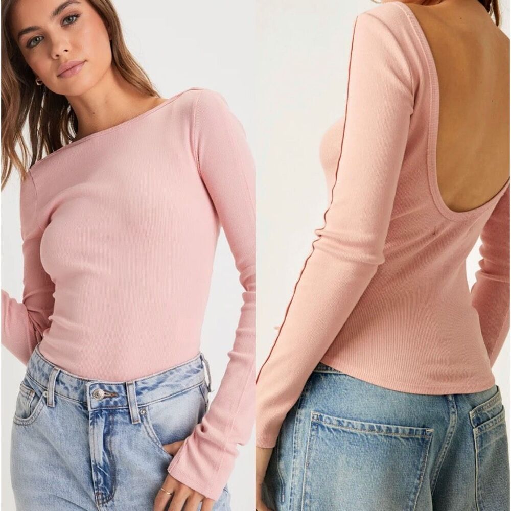 Free People We The Free Unapologetic Long Sleeve Ribbed Tee rose pink S NWOT